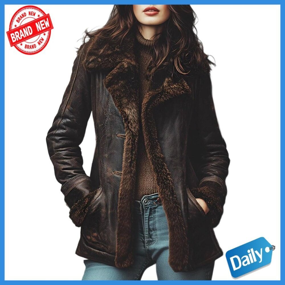 Vintage Shearling Leather Coat Faux Fur Lined Aviator Winter Jacket